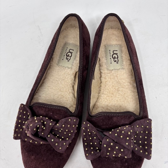 UGG Sherpa Ballet Flats Womens Size 6 Suede Studded Bow Brown Suede - Picture 3 of 10